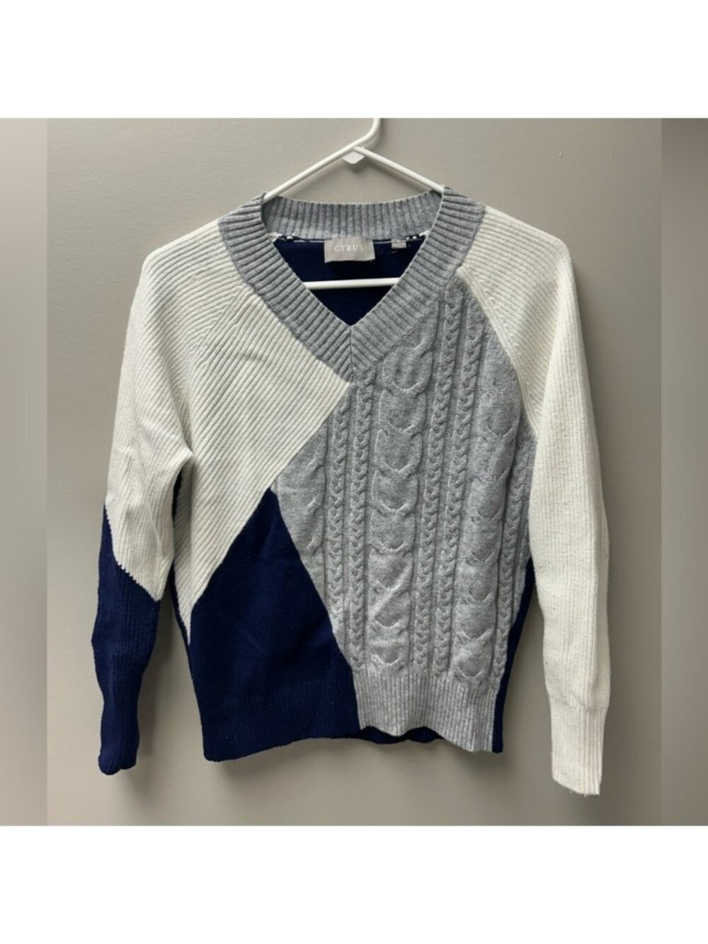 Cyrus Women’s Colour Blocking Blue, White & Grey V Neck Sweater